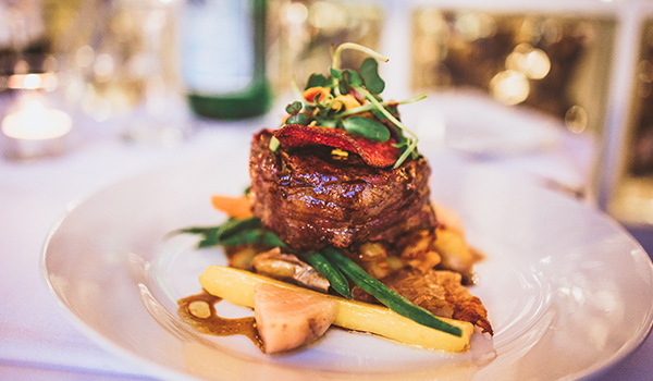 beautiful dish of food, steak and vegetables