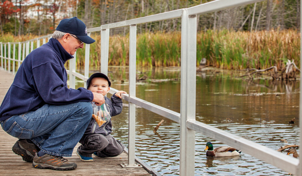 Old man and a kid watching ducks