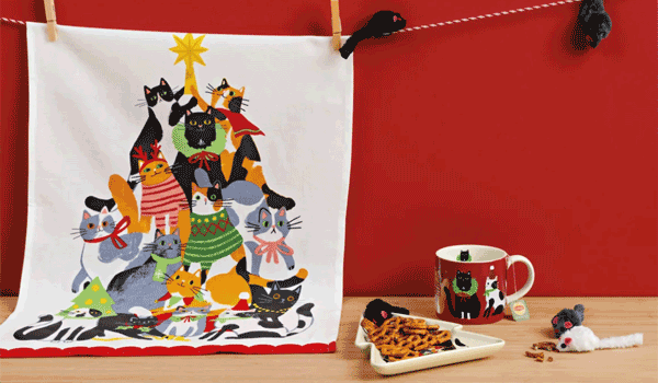 Sunshine Decor Holiday Cat Plate, mug and dish towel