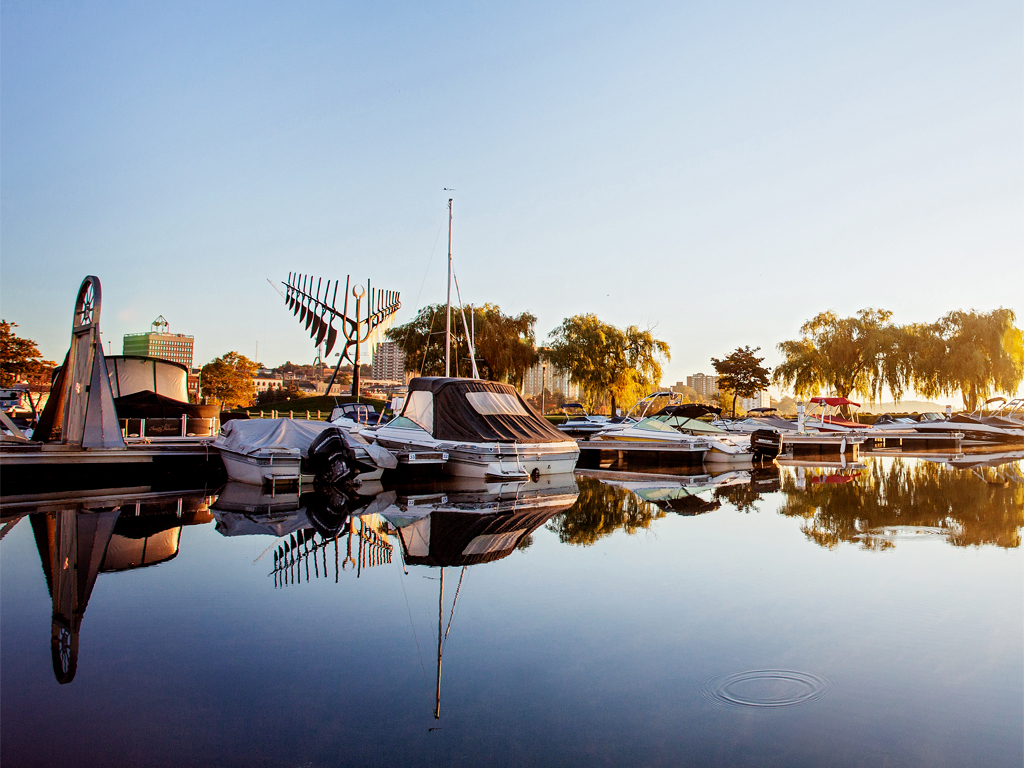 A lake with boats