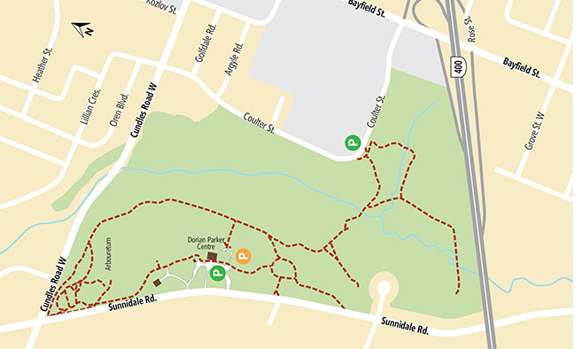 Illustrated map of Sunnidale Park trails in Barrie