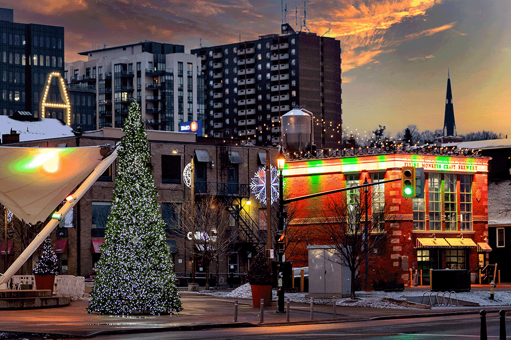 HolidaysDowntown Downtown Barrie at night with holiday lights