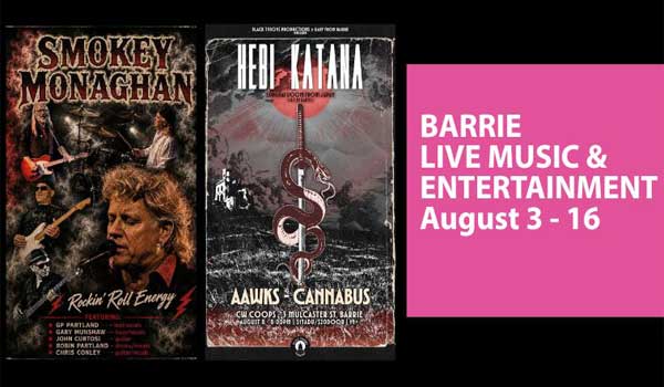 Collage featuring upcoming live music events in Barrie