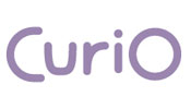 Curio logo with purple text and white background