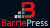 Barrie Press logo on black background with red and grey text