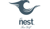 The Nest at Friday Harbour logo featuring a white background with bird on top and text below
