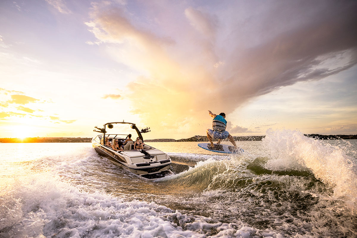 Boat and wakeboarder on Kempenfelt Bay