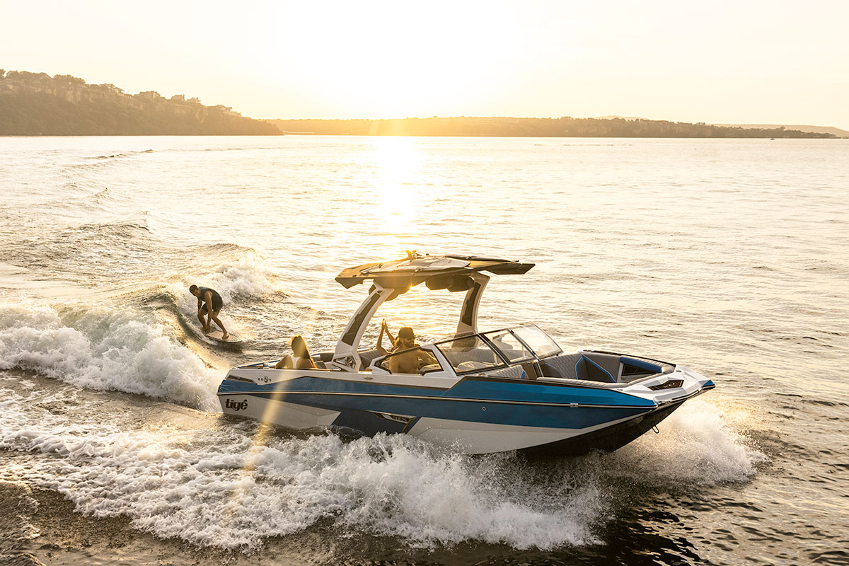 Boat and wakeboarder on Kempenfelt Bay