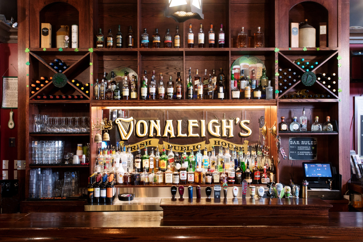 Donaleigh's Irish Public House back of bar and alcohol display