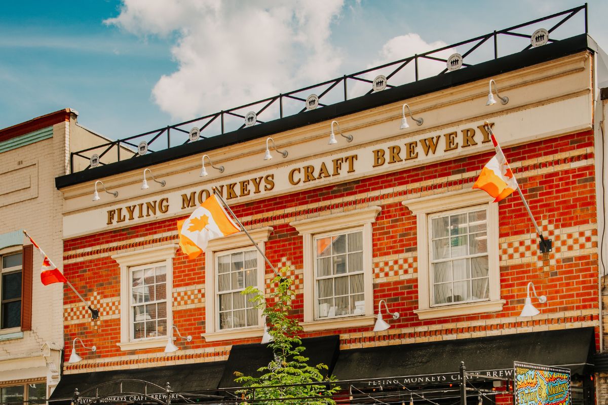 Exterior of Flying Monkey Craft Brewery in downtown Barrie
