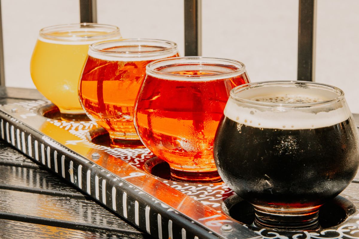 Flight of beer on table at Flying Monkey Craft Brewery