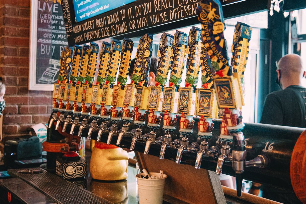 Tap handles at Flying Monkey Craft Brewery