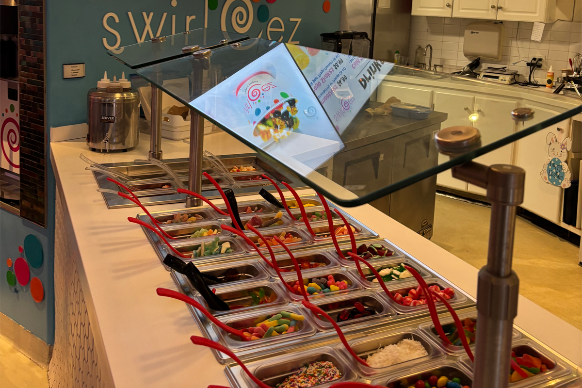 Frozen yogurt topping bar at Swirleez