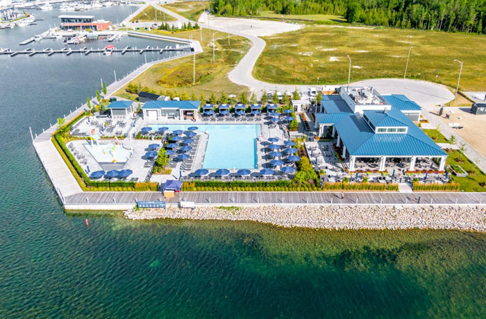 An aerial drone view of the Beach Club at Friday Harbour