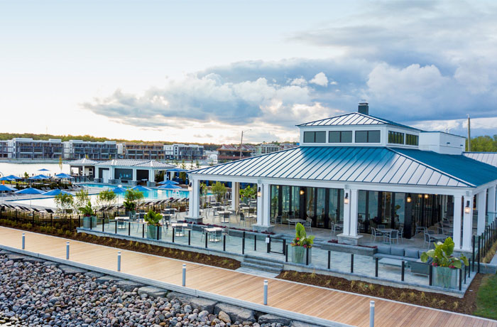 A view of the exterior of the Friday Harbour Beach Club restaurant 