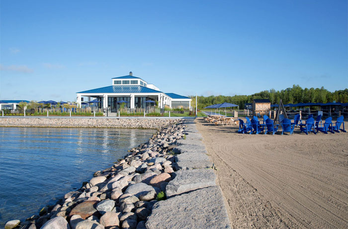 Exterior view of the Beach Club restaurant at Friday Harbour from the beach side