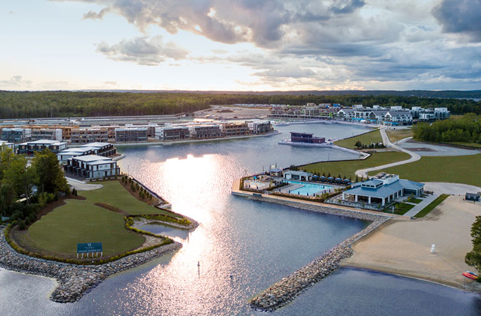 Friday Harbour resort aerial view of marina, beach and restaurant